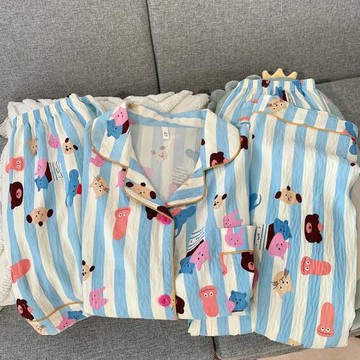 軟糯云朵棉藍色動物園家居服短袖睡衣女三件套裝梭織純棉甜美卡通