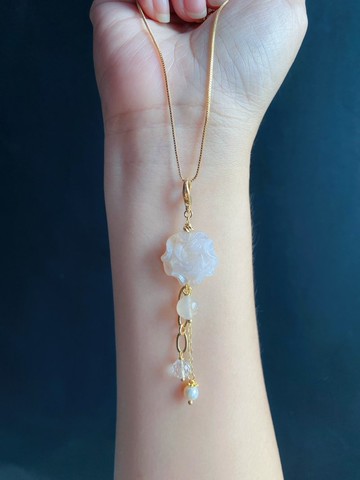 天然櫻花瑪瑙 婚紗白 珍珠 水晶 牡丹花 隨意扣 項鍊 包掛 禮物