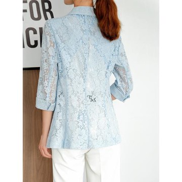 蕾絲小西裝女夏薄款高級感七分袖防曬休閑外套后背鏤空西服女上衣