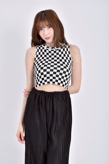 (S) 修身短版格紋無袖背心黑色上衣