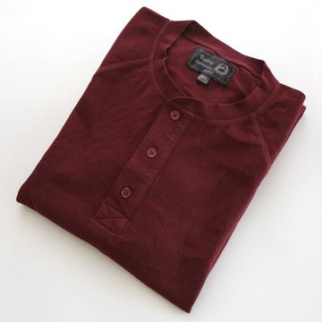 可可外貿 重磅硬漢華夫格亨利領長袖T恤男美式復古咔嘰寬松打底衫