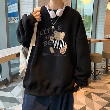 刷毛小熊印花圓領套頭大學T 情侶裝流行刷毛款男潮版港風寬鬆版 大學T 印花T 內刷毛長T（XY118）【壹號站】