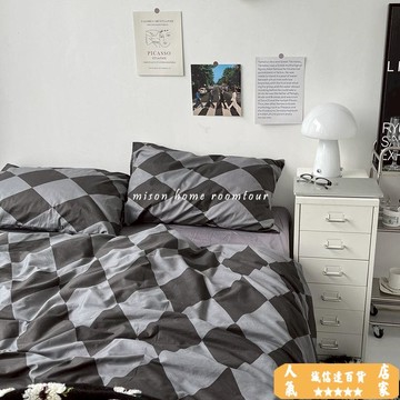 床單 被套 ins網紅格子被單床上用品四件套灰色男士時尚被套床單宿舍三件套