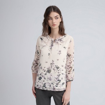 ILEY伊蕾 荷葉雪紡印花上衣(杏；M-2L)