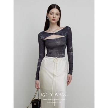 ROEYWANG du家印花鏤空設計修身彈力長袖針織衫長袖T恤上衣女