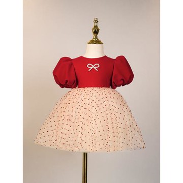 兒童周歲宴生日禮服女寶寶抓周高端森系風紅色洋氣女童花童公主裙