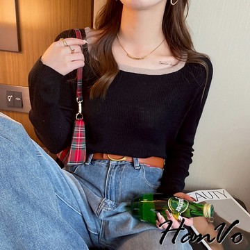 【HanVo】大方領細直紋親膚針織衣 溫柔氣質簡約質感上衣 韓系女裝 女生衣著 A02-0551