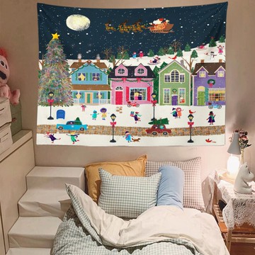 冬日雪地街卡片圣誕節掛布節日民宿臥室客廳圣誕裝飾背景布可