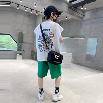 GILE男童夏季兒童背心短袖套裝大童薄款無袖運動夏裝炸街速干