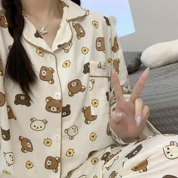 家居服套裝 韓版家居服 純棉睡衣女 長袖長褲睡衣套裝 卡通開衫家居服 春秋季純棉家居服 睡衣女