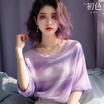 初色 寬鬆冰絲條紋圓領五分短袖T恤上衣女上衣-紫色-34708(F可選)