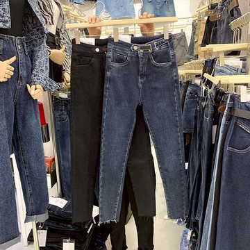 歐貨復古2021秋裝高腰顯瘦薄絨小腳修身九分鉛筆褲深色牛仔褲女潮