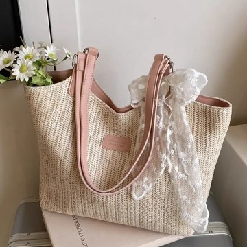 Bag House👜 夏季時尚休閒手提大容量包包女新款2025簡約草編託特包百搭腋下包