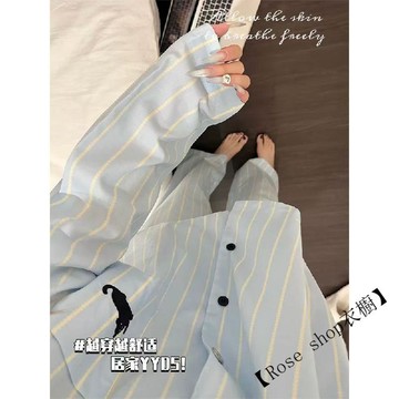 宋亞軒同款條紋小貓睡衣女春秋季韓版可愛V領長袖長褲少女家居服 睡衣女 夏季睡衣 居家服 韓版睡衣