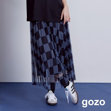 【gozo】棋盤格百褶網紗裙(黑色/白色_F) | 女裝 修身 休閒