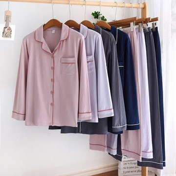 男士睡衣女純棉春夏款長袖家居服針織薄款純色簡約套裝加大碼開衫