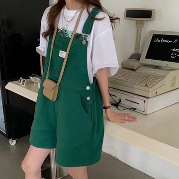 💕甜心大尺碼💕S-5XL 大尺碼胖mm寬松高腰背帶短褲女夏季新款可調節顯瘦闊腿連體褲子7727