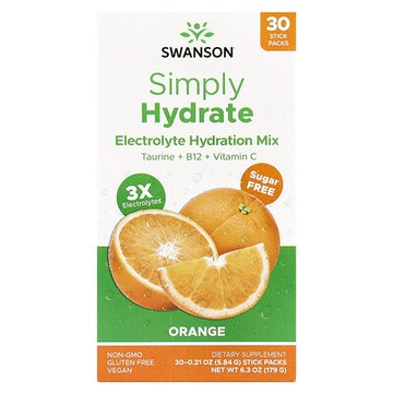 Swanson, Simply Hydrate，電解質補水混合飲品，橙味，30 條，每條 0.21 盎司（5.84 克）