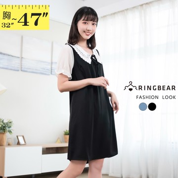 短袖洋裝--甜美蕾絲娃娃領泡泡袖顯瘦V領綁帶A字短袖連身裙(黑.藍M-3L)-D640眼圈熊中大尺碼