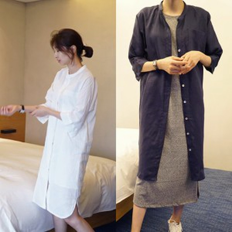 ノーカラー シャツワンピース 春服 レディース 春物 ワンピース トレンド バンドカラー 夏 シャツワンピ 7分袖 2way ロングシャツ スタン 通販 Lineポイント最大1 0 Get Lineショッピング