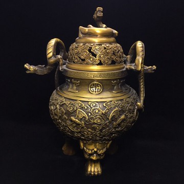 黃銅仿古龍香爐古玩銅器三足香薰爐招財納福家居辦公茶道裝飾禮品