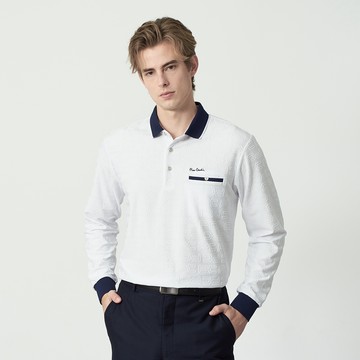 Pierre Cardin 男款 吸濕排汗壓紋拼色領長袖POLO衫-白色 (5255202-90)