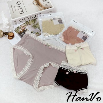 【HanVo】小櫻桃蝴蝶結蕾絲邊冰絲內褲 獨立包裝純棉透氣底襠中腰褲 流行少女內褲 內著 A11-5776