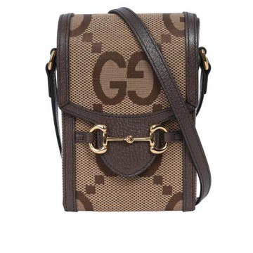 GUCCI Horsebit 1955 Jumbo GG 標誌緹花手機斜背包(棕色)