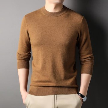 冬季休閑純羊毛男士圓領純色針織打底衫潮流韓版男裝修身保暖毛衣