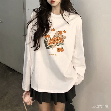 免運  美式復古 印花 t恤 流行衣服印花纯棉长袖T恤女新款宽松圆领打底上衣