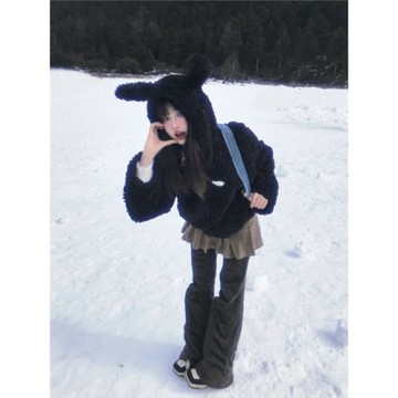 BUWAN STUDIO 美式純欲兔耳毛絨連帽外套女冬季加厚上衣棉衣衛衣