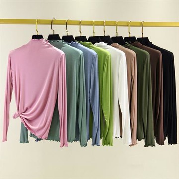 秋季內搭半高領長袖T恤女純色顯瘦木耳領上衣修身莫代爾棉打底衫