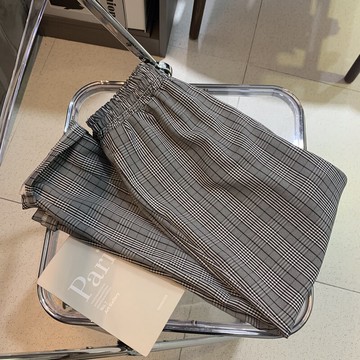 復古格紋寬松西褲女A-6夏季新款垂墜感松緊高腰顯瘦休閑直筒褲子