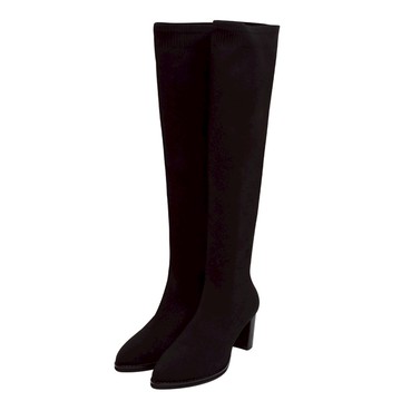 ANNSTAR 拐拐聯名-慾望城市防潑水彈性飛織尖頭過膝靴8cm-黑