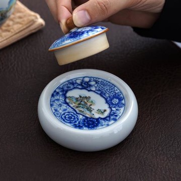 青花開窗山水蓋置功夫茶具蓋碗茶壺蓋托茶道小配件茶杯墊蓋子架托