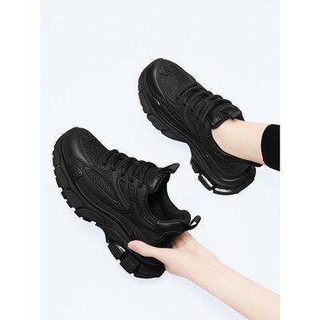 黑色老爹鞋女款顯腳小冬季春秋款2023年新款增高厚底旅游休閑運動