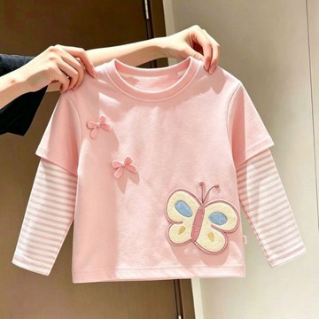 秋季必入！純棉女孩秋季蝴蝶刺繡立體T恤可愛萌趣假兩件長袖中小童時尚上衣 女孩百搭打底上衣 女童長袖上衣 兒童假兩件長袖