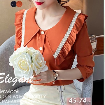 雪紡娃娃翻領蕾絲織帶襯衫(2色) M-2XL【227103W】【現+預】-流行前線-