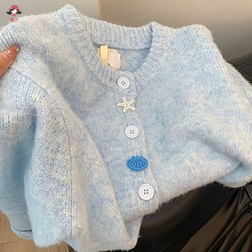 臺灣出貨 針織外套奶呼呼軟糯藍色毛衣開衫外套秋冬季大碼女裝胖mm高級感針織衫上衣 女生外套 針織上衣 女生上衣