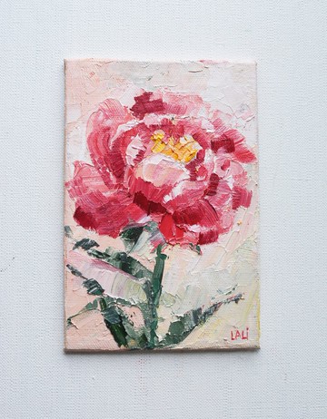 牡丹原創油畫玫瑰畫現代藝術粉紅色花朵 15x10 厘米