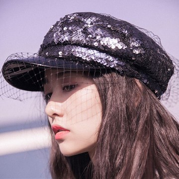 ANNAS 亮片網紗軍帽報童帽海軍帽帽子 浮誇尾牙過年新年聖誕節跨年閃亮金屬金色PU亮皮韓國