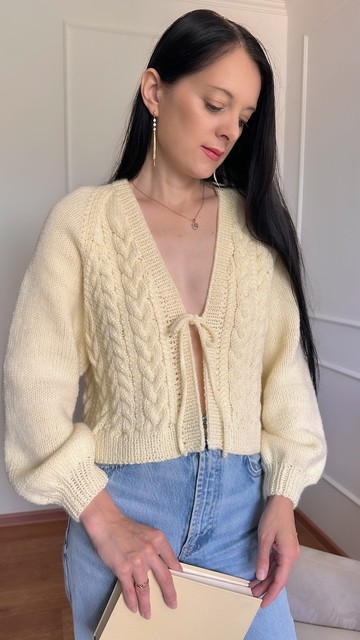 麻花編織綁帶短版開襟外套 羊毛針織短夾克 奶油白毛衣 S