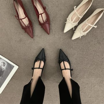 法式蝴蝶結尖頭瑪麗珍鞋晚風韓版低跟女鞋設計感粗跟單鞋2024秋款