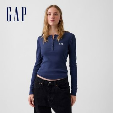 【GAP】羅紋Gap Logo排扣領T恤-復古深藍(915060)