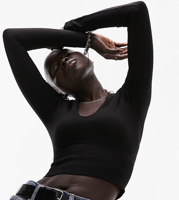 Topshop Petite seamless long sleeve v neck crop top in black