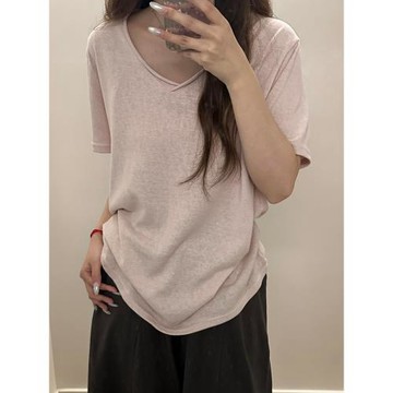 慵懶風V領短袖T恤女外穿2026夏季韓版松弛感薄款棉質寬松百搭上衣