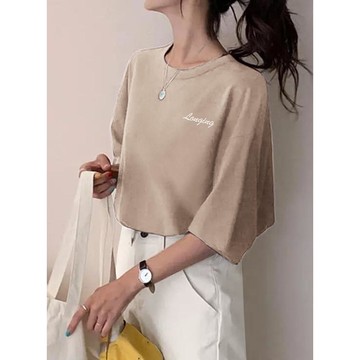 日本 GRL - 美式簡約刺繡logo寬版T恤-卡其 (F)
