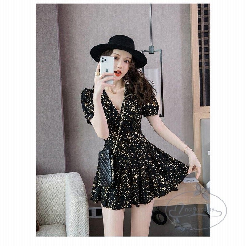 ワンピース レディース 夏 夏物 ミニ丈 ショート丈 星柄 星 半袖 パフスリーブ スリム フレア Vネック プリントワンピース 通販 Lineポイント最大get Lineショッピング