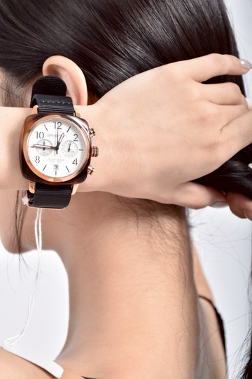 briston黑色雙眼手工方糖錶玫瑰金框手錶