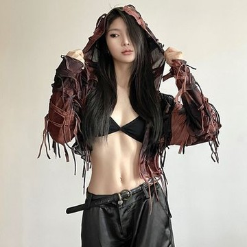 【台灣有貨】實拍 流浪廢土風復古毛邊流蘇做舊扎染修身顯瘦開衫女百搭連帽短外套潮